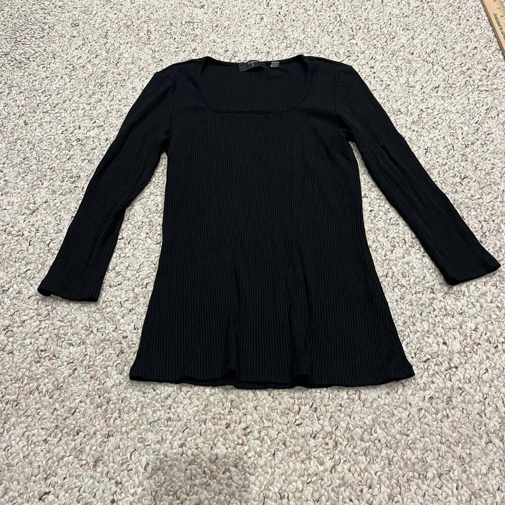 Tahari Ribbed 3/4 Sleeve Black Square Neck Top XS Classic Casual Preppy